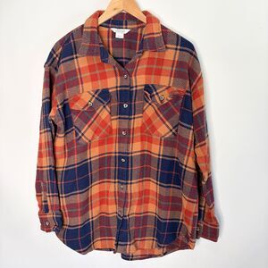 Naturals Reflections Plaid Shirt Thick Orange Blue Long Sleeve Oversized Women L